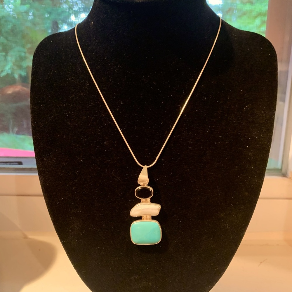 Sterling pendant necklace with turquoise, pearl, black onyx.